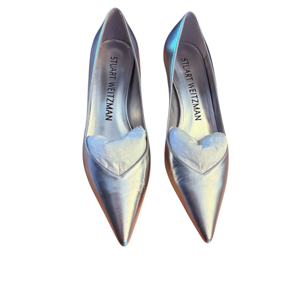Stuart Weitzman Metallic Silver Pointed Toe Kitten Heel Pumps Designer Shoes 8.5